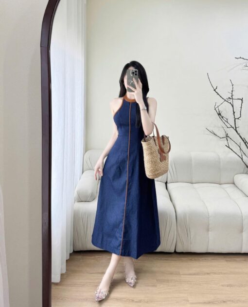 Đầm váy Maxi Jean ba lỗ khóa kéo - MÃ SP DJ001 chất liệu vải Jean mềm cao cấp - Hình ảnh 2