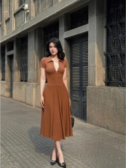 Đầm Midi Xòe Tay Ngắn Cổ Sơ Mi Khoá Kéo DO172 Chemstore - Nữ - Women