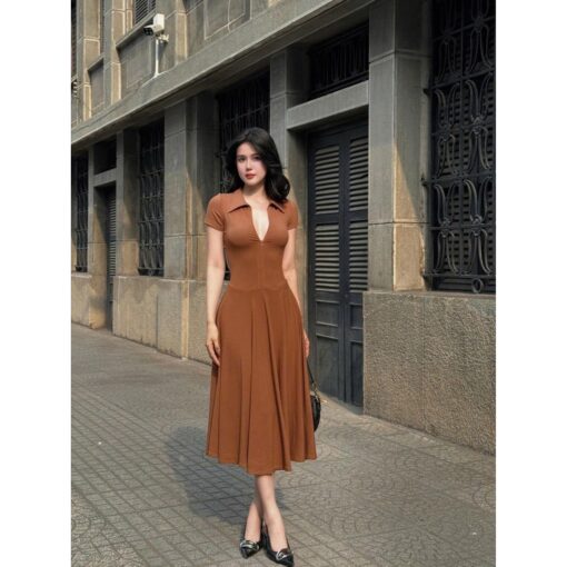 Đầm Midi Xòe Tay Ngắn Cổ Sơ Mi Khoá Kéo DO172 Chemstore - Nữ - Women