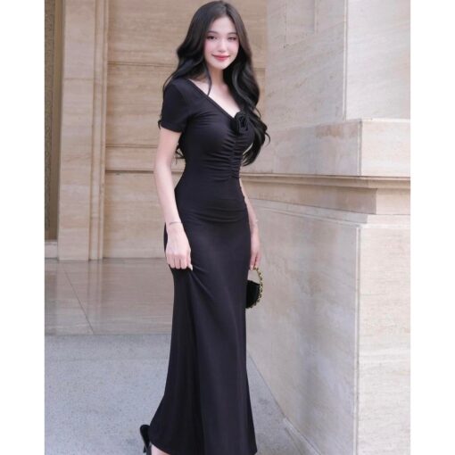 Đầm Maxi Body Tay Ngắn Cổ Chữ V Đính Hoa Nhún Phía Trước DA208 Chemstore - Nữ - Dress - Hình ảnh 6