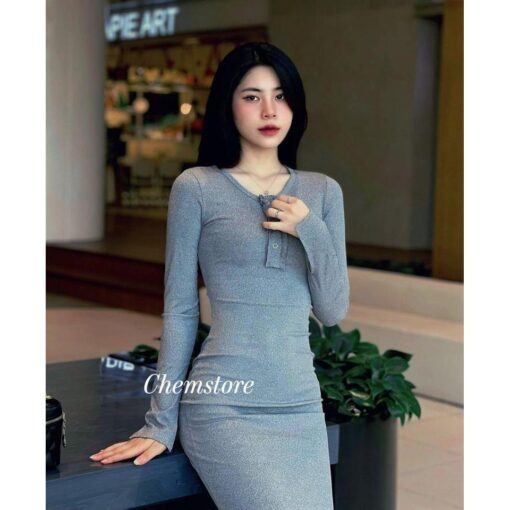 Đầm Body Midi Dài Tay Nẹp Cúc Vành Xẻ Tay DA190 Chemstore - Nữ - Dress - Hình ảnh 5