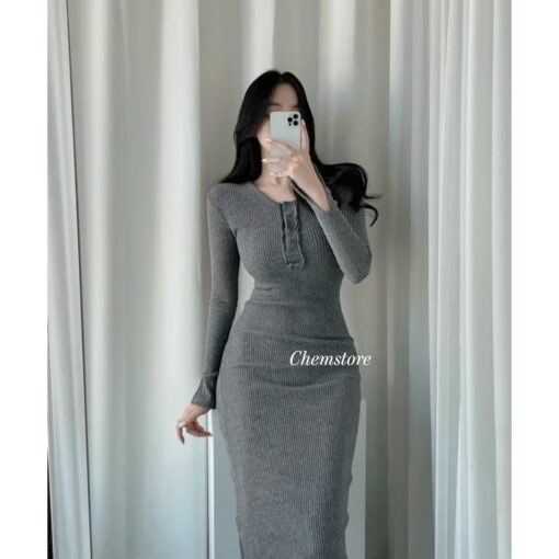 Đầm Body Midi Dài Tay Nẹp Cúc Vành Xẻ Tay DA190 Chemstore - Nữ - Dress - Hình ảnh 3