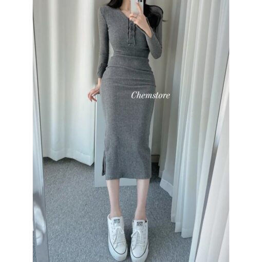 Đầm Body Midi Dài Tay Nẹp Cúc Vành Xẻ Tay DA190 Chemstore - Nữ - Dress - Hình ảnh 4