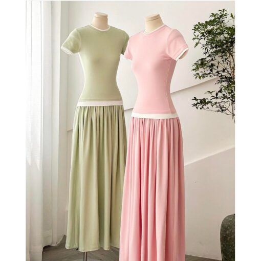 Bộ Áo Thun Tay Ngắn Ôm Dáng Mix Chân Váy Xòe Dáng Dài SA043 Chemstore - Nữ - Women - Hình ảnh 8