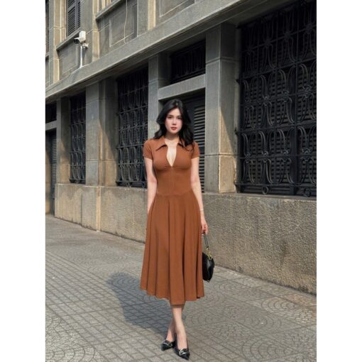 Đầm Midi Xòe Tay Ngắn Cổ Sơ Mi Khoá Kéo DO172 Chemstore - Nữ - Women - Hình ảnh 2