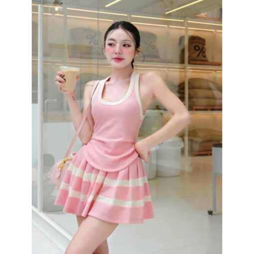 Set Áo Ba Lỗ Nhún Eo Mix Chân Váy Xếp Ly Xòe SA051 Chemstore - Hình ảnh 7