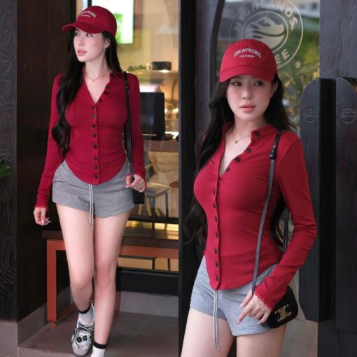 Áo Tay Dài Kiểu Cài Cúc Vai Bầu Tôn Dáng AL001 - Gân Tăm Lạnh Dày Dặn - Đen/Trắng/Đỏ/Xám - Size S/M/L - Women, Nữ - Hình ảnh 6