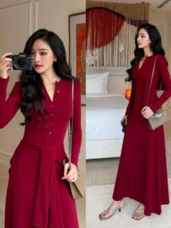 Set Đầm Maxi Dài Tay Nẹp Cúc Phối Kèm Khăn Choàng SA075 Chemstore