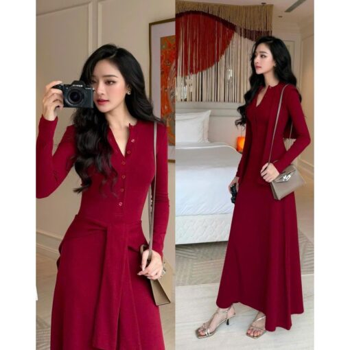 Set Đầm Maxi Dài Tay Nẹp Cúc Phối Kèm Khăn Choàng SA075 Chemstore