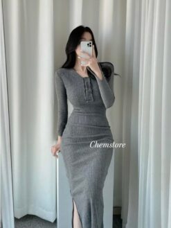 Đầm Body Midi Dài Tay Nẹp Cúc Vành Xẻ Tay DA190 Chemstore - Nữ - Dress