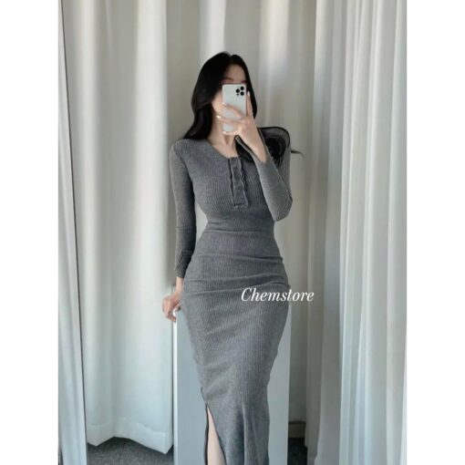 Đầm Body Midi Dài Tay Nẹp Cúc Vành Xẻ Tay DA190 Chemstore - Nữ - Dress