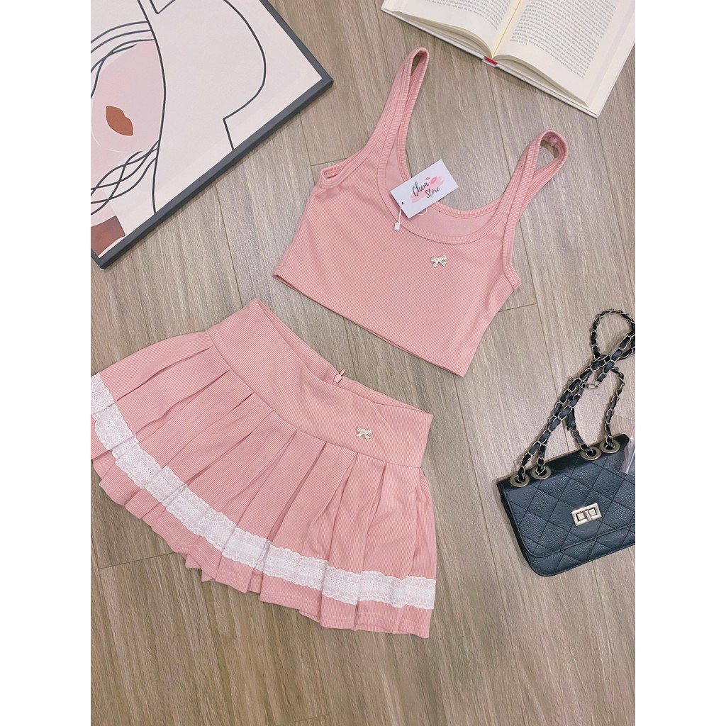 Set Áo Ba Lỗ Mix Váy Ngắn Xếp Ly Xòe SA064 - HỒNG-ĐEN, Gân Tăm Lạnh Dày Dặn, Co Giãn Tốt, S/M/L - Nữ, Nhung - Ảnh 7