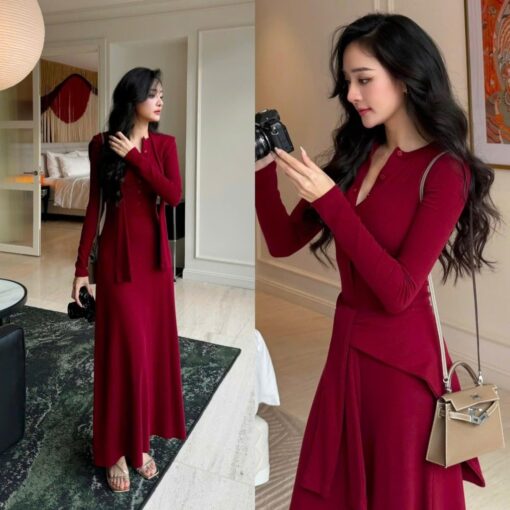 Set Đầm Maxi Dài Tay Nẹp Cúc Phối Kèm Khăn Choàng SA075 Chemstore - Hình ảnh 4