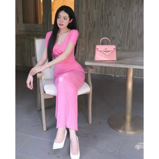 Đầm Maxi Body Tay Ngắn Cổ Chữ V Đính Hoa Nhún Phía Trước DA208 Chemstore - Nữ - Dress - Hình ảnh 3