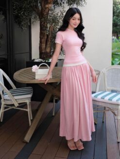 Bộ Áo Thun Tay Ngắn Ôm Dáng Mix Chân Váy Xòe Dáng Dài SA043 Chemstore - Nữ - Women