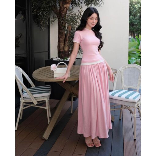 Bộ Áo Thun Tay Ngắn Ôm Dáng Mix Chân Váy Xòe Dáng Dài SA043 Chemstore - Nữ - Women