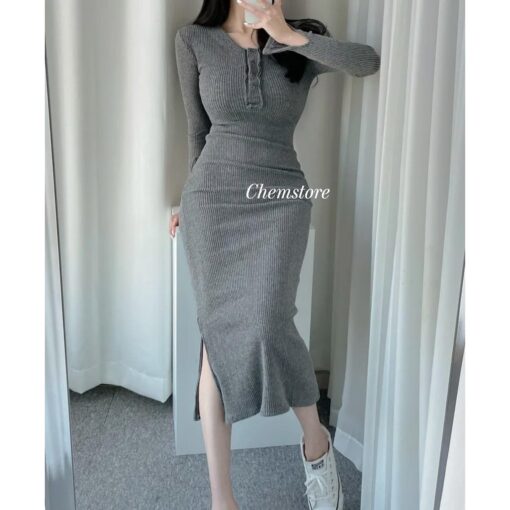 Đầm Body Midi Dài Tay Nẹp Cúc Vành Xẻ Tay DA190 Chemstore - Nữ - Dress - Hình ảnh 2
