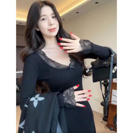 Đầm Maxi Body Tay Dài Cổ Phối Ren DA240 Chemstore - Hình ảnh 2