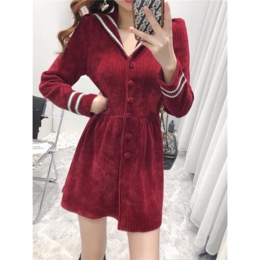 Đầm Mini Xòe Tay Dài Phối Sọc Trắi DN002 Chemstore - Chất nhung tăm dày dặn - Nữ, Women - Hình ảnh 3