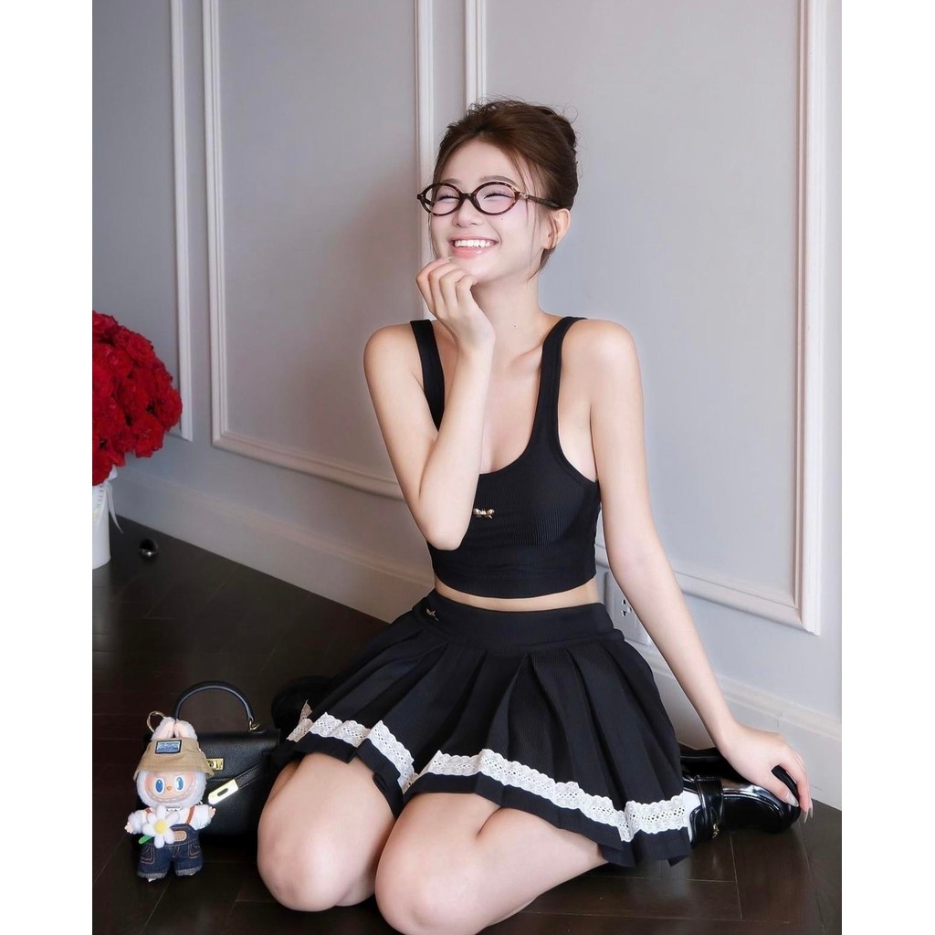 Set Áo Ba Lỗ Mix Váy Ngắn Xếp Ly Xòe SA064 - HỒNG-ĐEN, Gân Tăm Lạnh Dày Dặn, Co Giãn Tốt, S/M/L - Nữ, Nhung - Ảnh 4