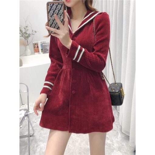 Đầm Mini Xòe Tay Dài Phối Sọc Trắi DN002 Chemstore - Chất nhung tăm dày dặn - Nữ, Women - Hình ảnh 2