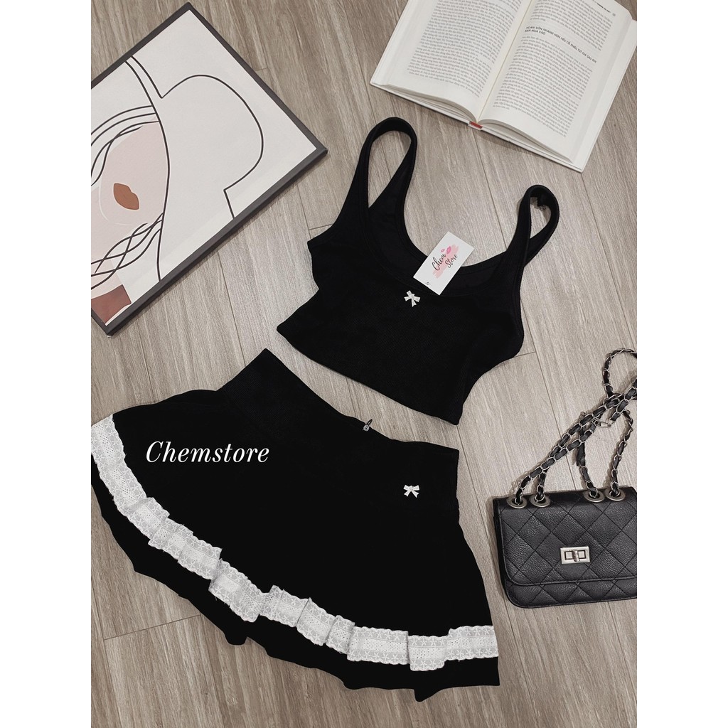 Set Áo Ba Lỗ Mix Váy Ngắn Xếp Ly Xòe SA064 - HỒNG-ĐEN, Gân Tăm Lạnh Dày Dặn, Co Giãn Tốt, S/M/L - Nữ, Nhung - Ảnh 8