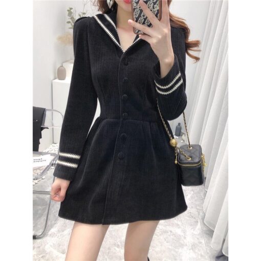 Đầm Mini Xòe Tay Dài Phối Sọc Trắi DN002 Chemstore - Chất nhung tăm dày dặn - Nữ, Women - Hình ảnh 7