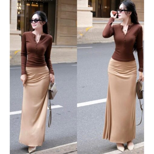 Set Áo Tay Dài Body Nẹp Cúc Cổ Tròn AL002 Mix Chân Váy Maxi Suông CVO001 Chemstore - Hình ảnh 6