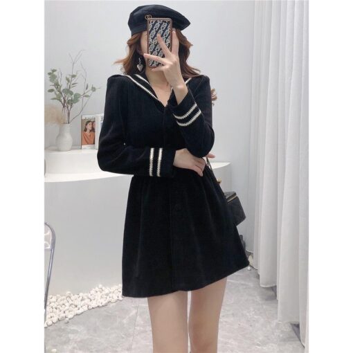 Đầm Mini Xòe Tay Dài Phối Sọc Trắi DN002 Chemstore - Chất nhung tăm dày dặn - Nữ, Women - Hình ảnh 6