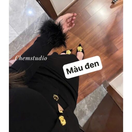 Bộ Áo Cài Cúc Tay Dài Phối Lông Cổ Tròn Mix Chân Váy Dài Nhún Một Bên Hông SO039 Chemstore - Hình ảnh 4