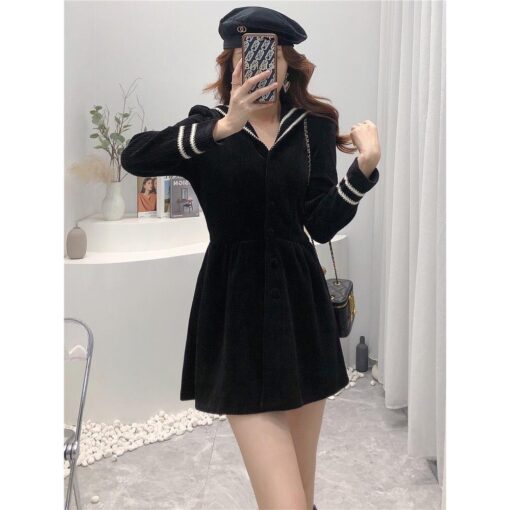 Đầm Mini Xòe Tay Dài Phối Sọc Trắi DN002 Chemstore - Chất nhung tăm dày dặn - Nữ, Women - Hình ảnh 5