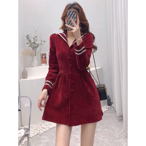 Đầm Mini Xòe Tay Dài Phối Sọc Trắi DN002 Chemstore - Chất nhung tăm dày dặn - Nữ, Women