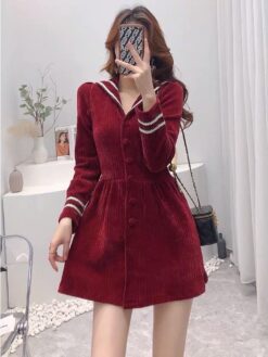Đầm Mini Xòe Tay Dài Phối Sọc Trắi DN002 Chemstore - Chất nhung tăm dày dặn - Nữ, Women