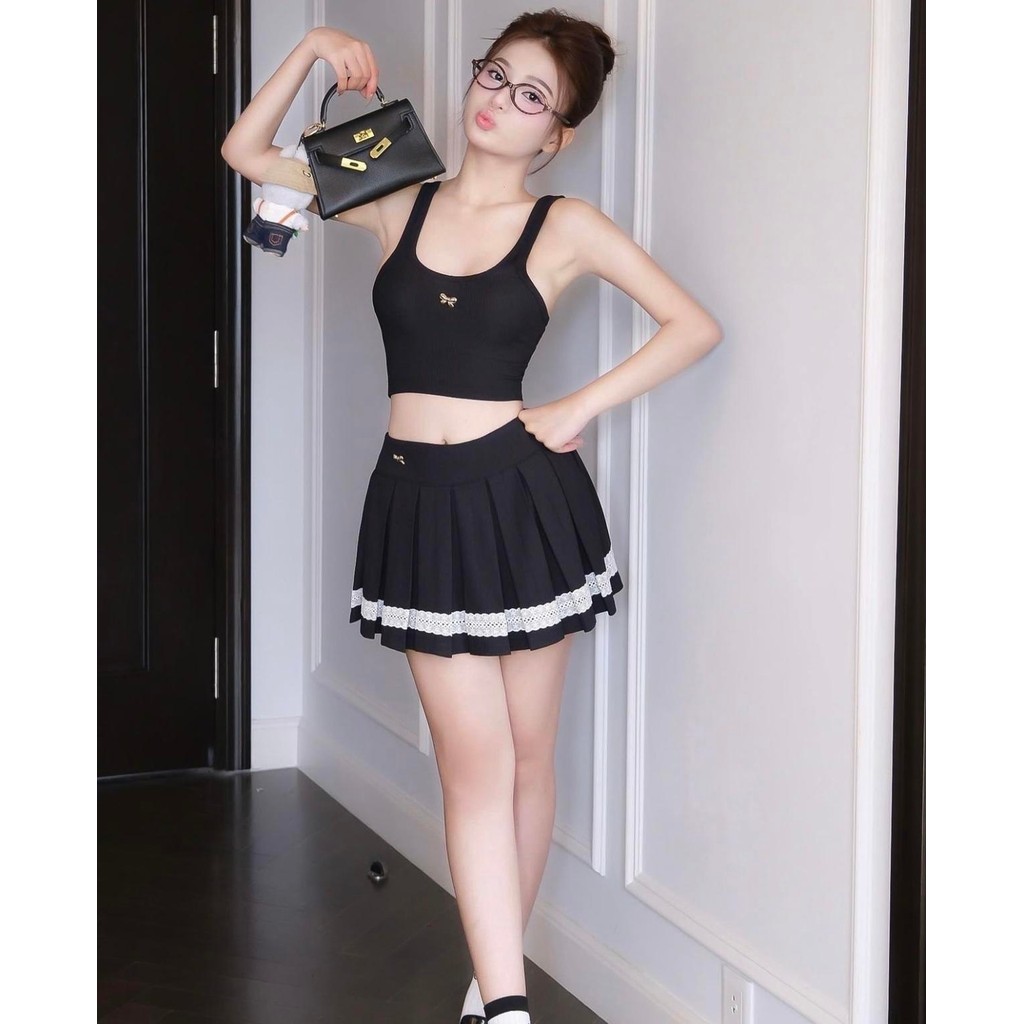 Set Áo Ba Lỗ Mix Váy Ngắn Xếp Ly Xòe SA064 - HỒNG-ĐEN, Gân Tăm Lạnh Dày Dặn, Co Giãn Tốt, S/M/L - Nữ, Nhung - Ảnh 5