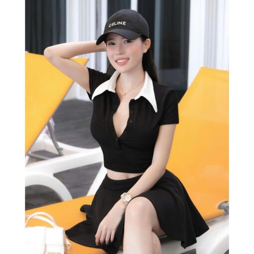 Bộ Áo Tay Ngắn Cổ Sơ Mi Nẹp Cúc Mix Chân Váy Chữ A Xòe SO031 Chemstore - Nữ - Hình ảnh 2