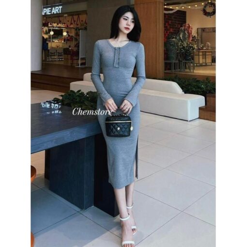 Đầm Body Midi Dài Tay Nẹp Cúc Vành Xẻ Tay DA190 Chemstore - Nữ - Dress - Hình ảnh 6