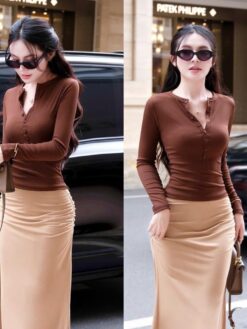 Set Áo Tay Dài Body Nẹp Cúc Cổ Tròn AL002 Mix Chân Váy Maxi Suông CVO001 Chemstore