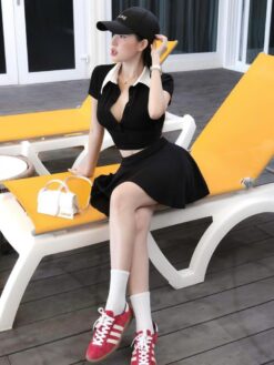 Bộ Áo Tay Ngắn Cổ Sơ Mi Nẹp Cúc Mix Chân Váy Chữ A Xòe SO031 Chemstore - Nữ
