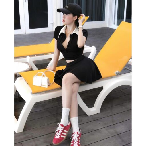 Bộ Áo Tay Ngắn Cổ Sơ Mi Nẹp Cúc Mix Chân Váy Chữ A Xòe SO031 Chemstore - Nữ